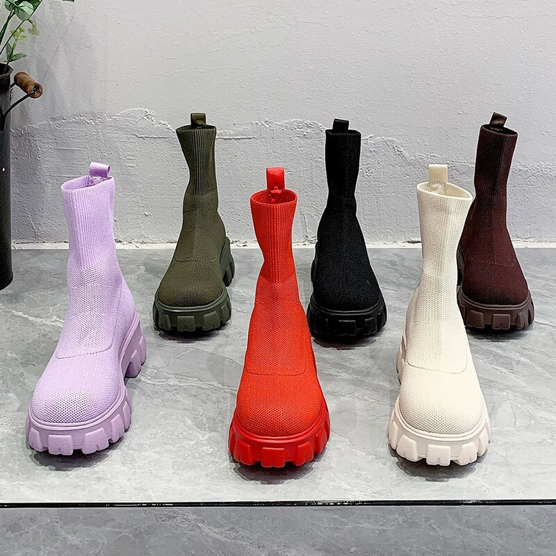 Φθινόπωρο Χειμώνας Ζευγάρι Κάλτσες Γυναικεία Παπούτσια Χονδρή Σόλα Casual Μεγάλο Μέγεθος Κόκκινο Πλεκτό Κοντό Ytmtloy Μπότες Chelsea Botines De Mujer