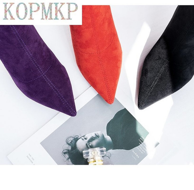 Nove modne ženske gležnjače za 2021., čizme na visoku petu, mekana štikla, čizme od meke antilop kože, ljubičaste, crne, crvene, udobne Botas Flock