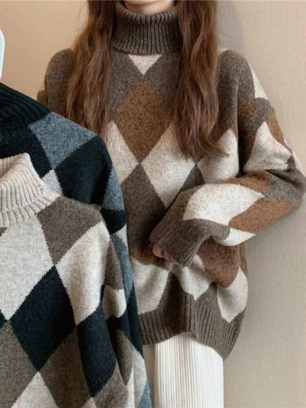 Retro Lingge Turtle Neck Γυναικεία φθινοπωρινά και χειμερινά χοντρά πουλόβερ με φαρδιά τεμπέλη αέρα με πλεκτά μπλουζάκια εσωτερικά πουλόβερ