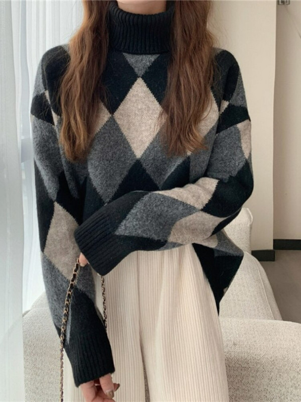 Retro Lingge Turtle Neck Γυναικεία φθινοπωρινά και χειμερινά χοντρά πουλόβερ με φαρδιά τεμπέλη αέρα με πλεκτά μπλουζάκια εσωτερικά πουλόβερ