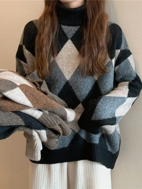 Retro Lingge Turtle Neck Γυναικεία φθινοπωρινά και χειμερινά χοντρά πουλόβερ με φαρδιά τεμπέλη αέρα με πλεκτά μπλουζάκια εσωτερικά πουλόβερ