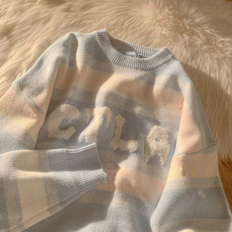 Απαλό ριγέ Τεμπέλικο πουλόβερ Γυναικείο Φθινόπωρο Χειμώνας Κορεατικό Στιλ Σχεδιασμός εξειδικευμένων Πουλόβερ Streetwear Y2K πουλόβερ Πλεκτομηχανές