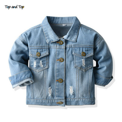 Tops un tops pavasara rudens bērniem ikdienas jaka, meitenes ar caurumiem, džinsi, mēteļi, mazi zēni, meitenes džinsa virsdrēbes, kostīms 12M-6Y