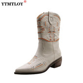 Νέες επώνυμες κεντημένες δυτικές μπότες καουμπόη για γυναίκες Γυναικεία παπούτσια με ψηλό γόνατο υψηλής ποιότητας με ψηλό γόνατο