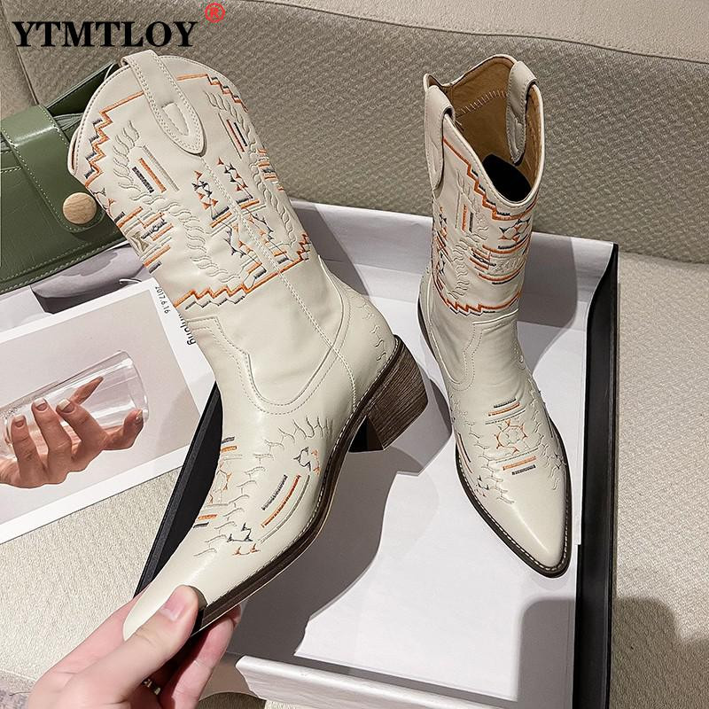 Νέες επώνυμες κεντημένες δυτικές μπότες καουμπόη για γυναίκες Γυναικεία παπούτσια με ψηλό γόνατο υψηλής ποιότητας με ψηλό γόνατο