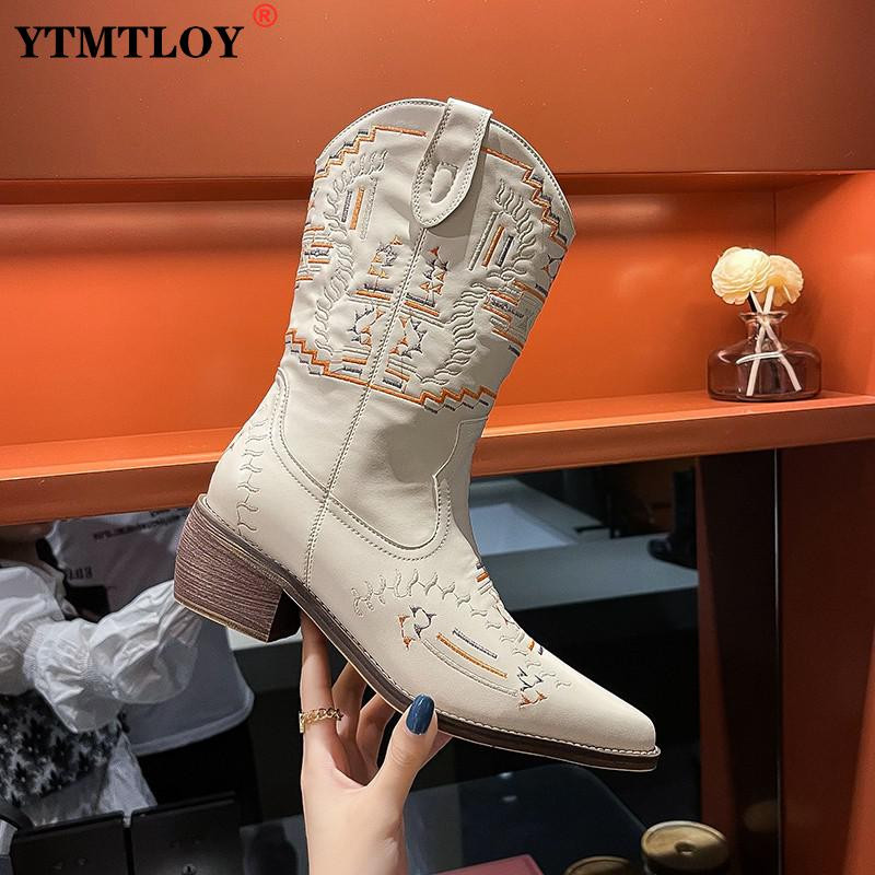 Νέες επώνυμες κεντημένες δυτικές μπότες καουμπόη για γυναίκες Γυναικεία παπούτσια με ψηλό γόνατο υψηλής ποιότητας με ψηλό γόνατο