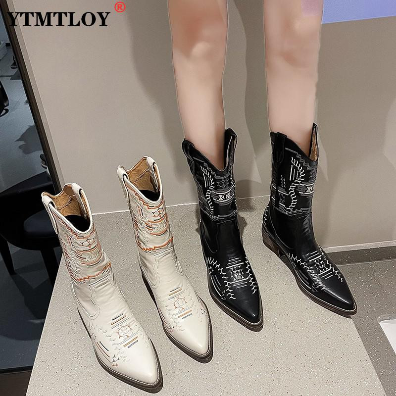 Νέες επώνυμες κεντημένες δυτικές μπότες καουμπόη για γυναίκες Γυναικεία παπούτσια με ψηλό γόνατο υψηλής ποιότητας με ψηλό γόνατο