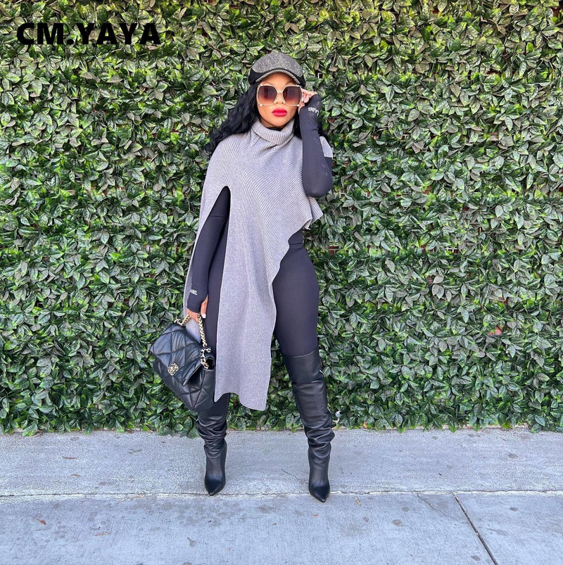 CM.YAYA Vintage πλεκτό πλεκτό γυναικείο ζιβάγκο με σχίσιμο ρολόι μανίκι Ασύμμετρο μεγάλο πουλόβερ πουλόβερ Φθινοπωρινό Χειμώνα Χοντρό Ζεστό τοπ