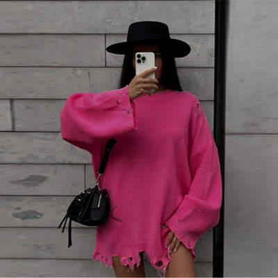 Γυναικείο πουλόβερ πουλόβερ με τρύπα Πλεκτό πουλόβερ με λαιμόκοψη Ο υπερμεγέθη Φθινόπωρο Γυναικεία πουλόβερ 2022 Μακρυμάνικα με χοντρά μπλουζάκια