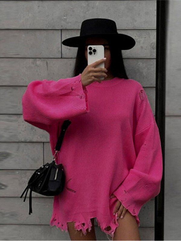 Γυναικείο πουλόβερ πουλόβερ με τρύπα Πλεκτό πουλόβερ με λαιμόκοψη Ο υπερμεγέθη Φθινόπωρο Γυναικεία πουλόβερ 2022 Μακρυμάνικα με χοντρά μπλουζάκια