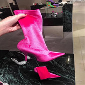 Stretch μπότες με μυτερή μύτη από βελούδο Styletto Printing Γυναικεία μποτάκια μανίκι Plus μέγεθος 47 Floral παπούτσια 2022 Sping New Multi Color