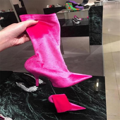 Stretch μπότες με μυτερή μύτη από βελούδο Styletto Printing Γυναικεία μποτάκια μανίκι Plus μέγεθος 47 Floral παπούτσια 2022 Sping New Multi Color