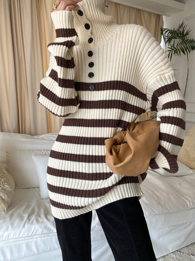 Bornladies 2022. gada rudens ziemas brīvas krāsas kontrasta pulovers silts silts džemperis sievietēm ar augstu apkakli.