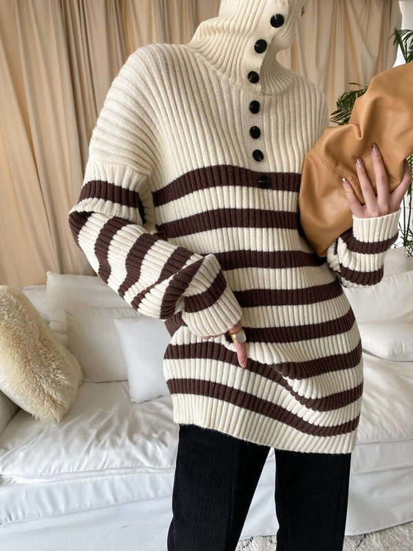 Bornladies 2022. gada rudens ziemas brīvas krāsas kontrasta pulovers silts silts džemperis sievietēm ar augstu apkakli.