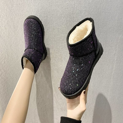 Γυναικείες μπότες χιονιού Glitter 2021 Κοντές βελούδινες Γυναικείες καινούργιες ζεστές απαλές γυναικείες μπότες αστραγάλου Winter Glitter πλατφόρμα Δερμάτινα παπούτσια Γυναικεία casual παπούτσια