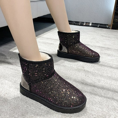 Γυναικείες μπότες χιονιού Glitter 2021 Κοντές βελούδινες Γυναικείες καινούργιες ζεστές απαλές γυναικείες μπότες αστραγάλου Winter Glitter πλατφόρμα Δερμάτινα παπούτσια Γυναικεία casual παπούτσια