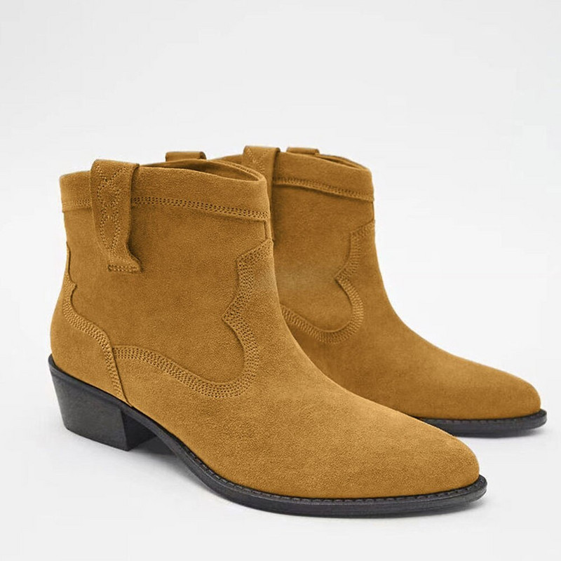 2022 Vintage γυναικεία Flock Western Boots Παπούτσια Γυναικεία τετράγωνο τακούνι Comfy Walk Retro Slip on Ankle Booties Big Size 43