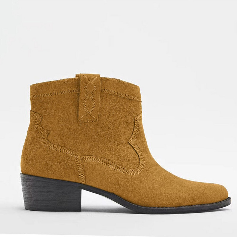 2022 Vintage γυναικεία Flock Western Boots Παπούτσια Γυναικεία τετράγωνο τακούνι Comfy Walk Retro Slip on Ankle Booties Big Size 43