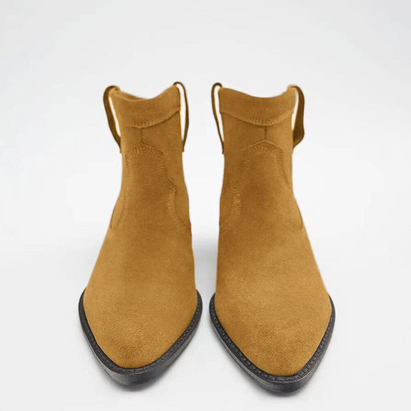 2022 Vintage γυναικεία Flock Western Boots Παπούτσια Γυναικεία τετράγωνο τακούνι Comfy Walk Retro Slip on Ankle Booties Big Size 43