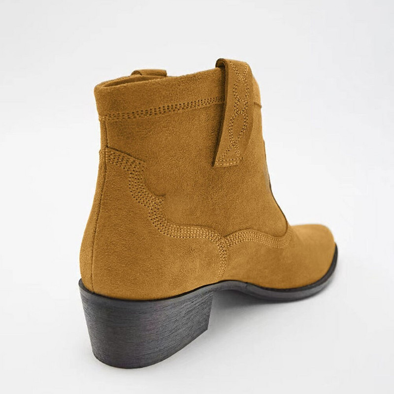 2022 Vintage γυναικεία Flock Western Boots Παπούτσια Γυναικεία τετράγωνο τακούνι Comfy Walk Retro Slip on Ankle Booties Big Size 43