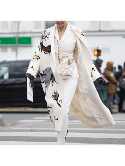 Novi jesenski ženski polo kaput dugih rukava 2022., vuneni dugi kaput s printom