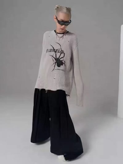 YL Harajuku Gothic Punk Knitted Spider Print Loose πουλόβερ Γυναικείο Vintage ξεφτισμένο Y2k Jumper Streetwear Oversize Hiphop Πουλόβερ