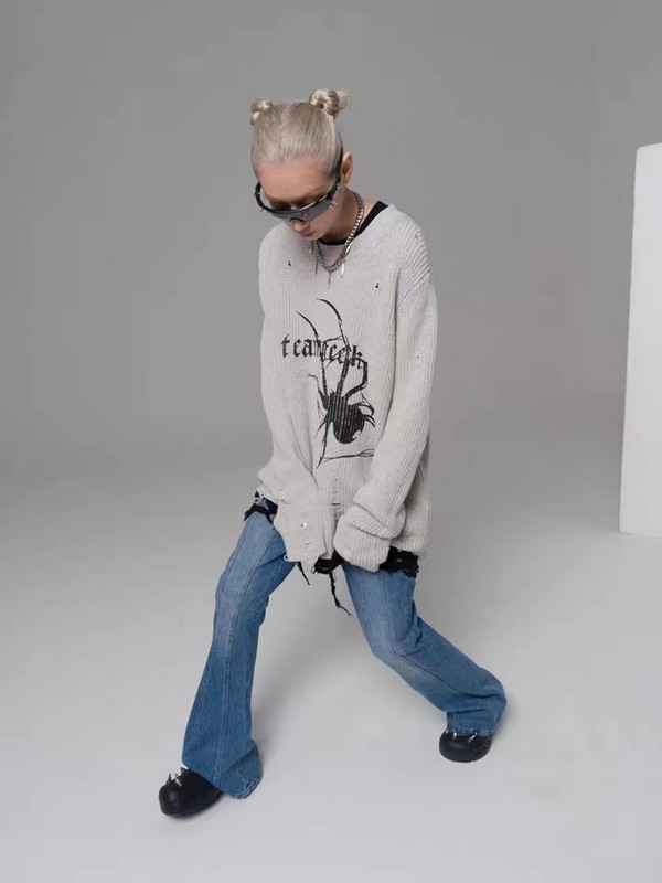 YL Harajuku Gothic Punk Knitted Spider Print Loose πουλόβερ Γυναικείο Vintage ξεφτισμένο Y2k Jumper Streetwear Oversize Hiphop Πουλόβερ