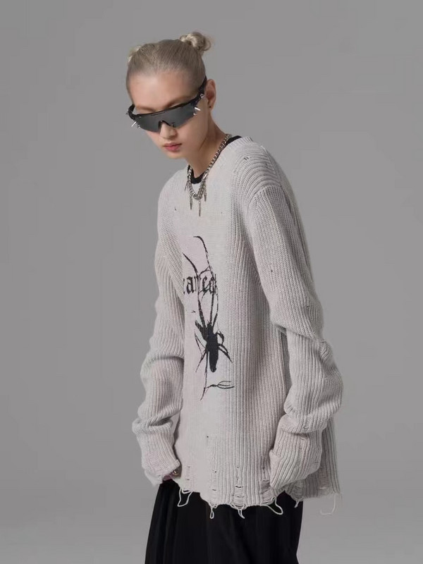 YL Harajuku Gothic Punk Knitted Spider Print Loose πουλόβερ Γυναικείο Vintage ξεφτισμένο Y2k Jumper Streetwear Oversize Hiphop Πουλόβερ