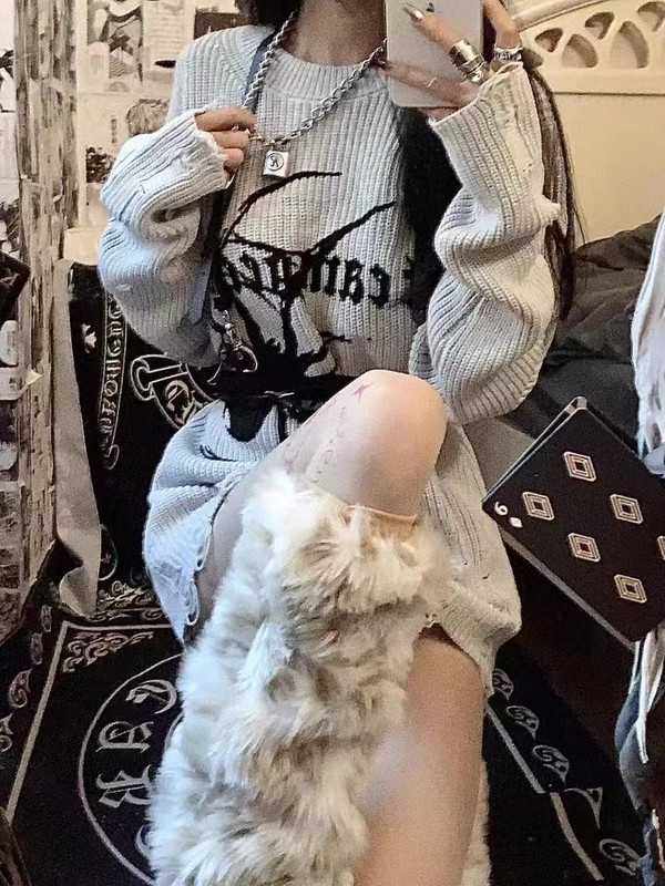 YL Harajuku Gothic Punk Knitted Spider Print Loose πουλόβερ Γυναικείο Vintage ξεφτισμένο Y2k Jumper Streetwear Oversize Hiphop Πουλόβερ