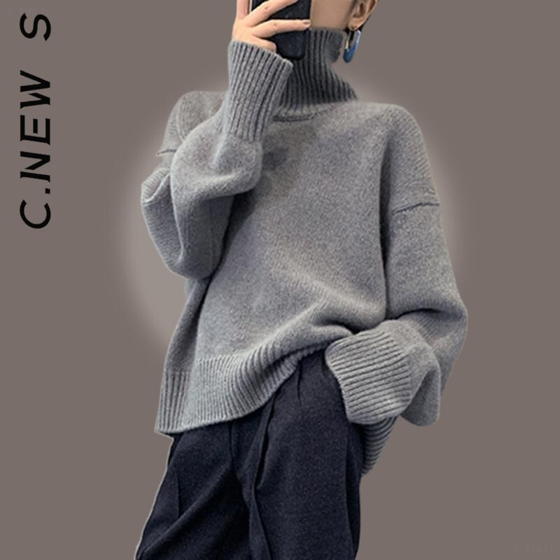 C.New S modni pleteni ženski džemper s dolčevitom i ovratnikom, topli pleteni džemper za slobodno vrijeme Elegantni džemper Ženski džemper Mekani ženski džemper
