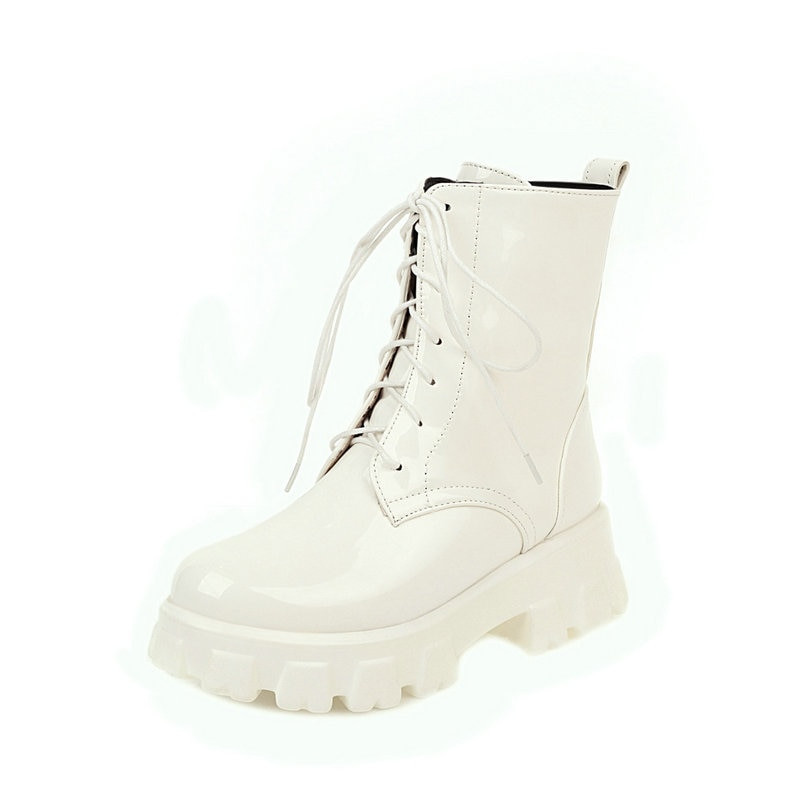 Crveno bijele crne ženske čizme s platformom na četvrtastu petu Ženske čizme na ukrštene čipke Modne ženske jesensko zimske cipele