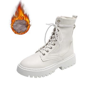 Borbene čizme Ženske bijele kožne motociklističke čizme Gotičke cipele na srednju petu Zimske tople modne crne gležnjače Botas De Mujer