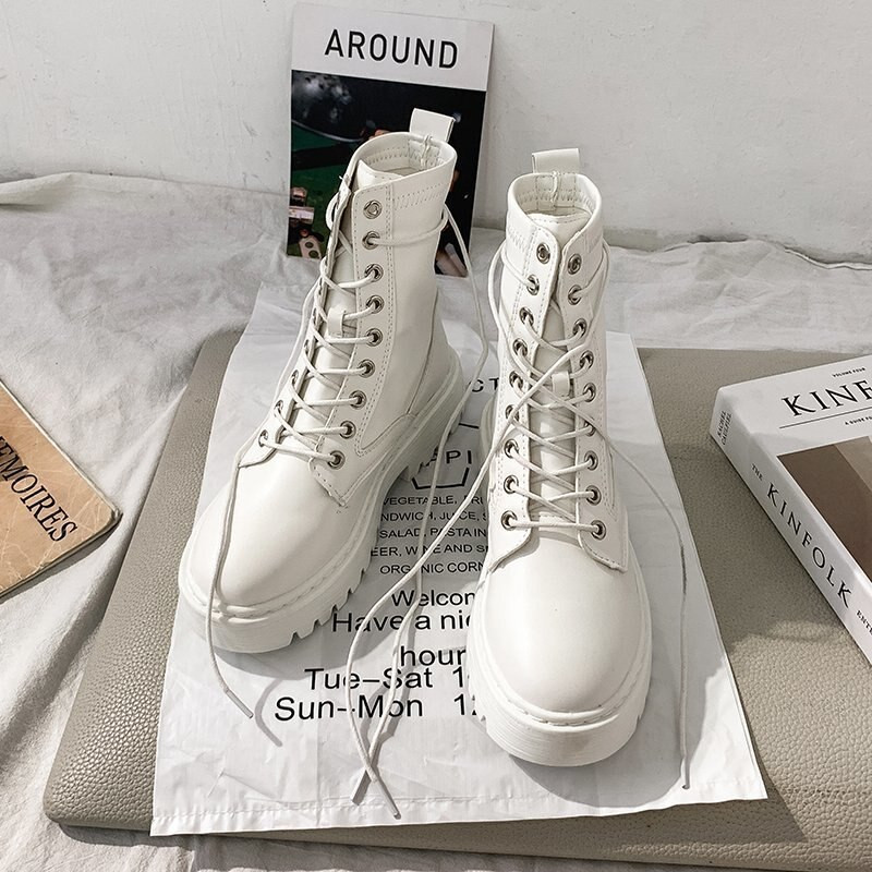 Borbene čizme Ženske bijele kožne motociklističke čizme Gotičke cipele na srednju petu Zimske tople modne crne gležnjače Botas De Mujer