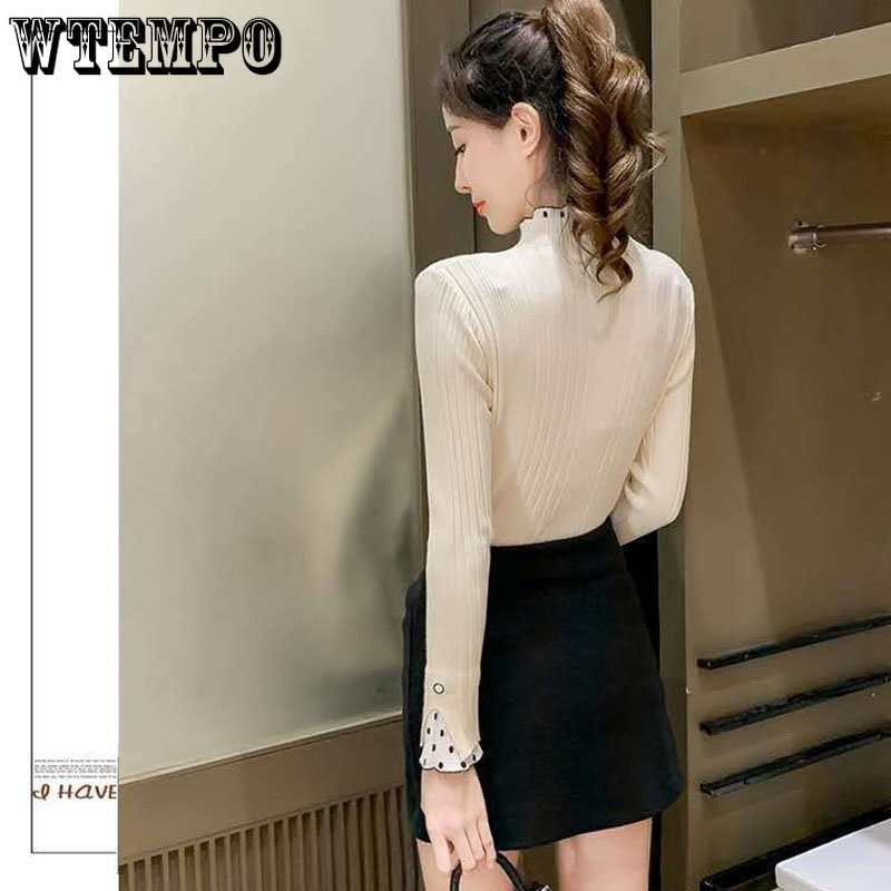 Πλεκτό πουλόβερ με μισό ψηλό γιακά Φθινοπωρινό πουκάμισο με χειμωνιάτικο πάτο με δαντέλα ραφές επάνω Μακρυμάνικο πλεκτό πουλόβερ για γυναίκες υψηλής ποιότητας