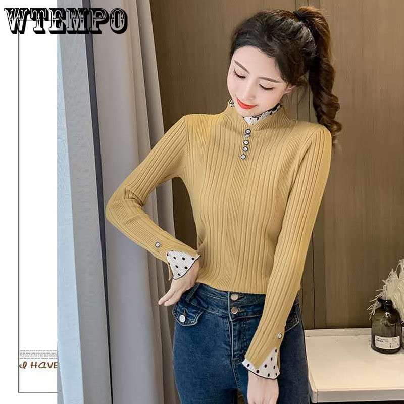 Πλεκτό πουλόβερ με μισό ψηλό γιακά Φθινοπωρινό πουκάμισο με χειμωνιάτικο πάτο με δαντέλα ραφές επάνω Μακρυμάνικο πλεκτό πουλόβερ για γυναίκες υψηλής ποιότητας