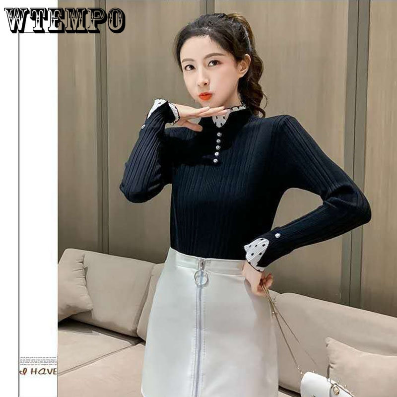 Πλεκτό πουλόβερ με μισό ψηλό γιακά Φθινοπωρινό πουκάμισο με χειμωνιάτικο πάτο με δαντέλα ραφές επάνω Μακρυμάνικο πλεκτό πουλόβερ για γυναίκες υψηλής ποιότητας