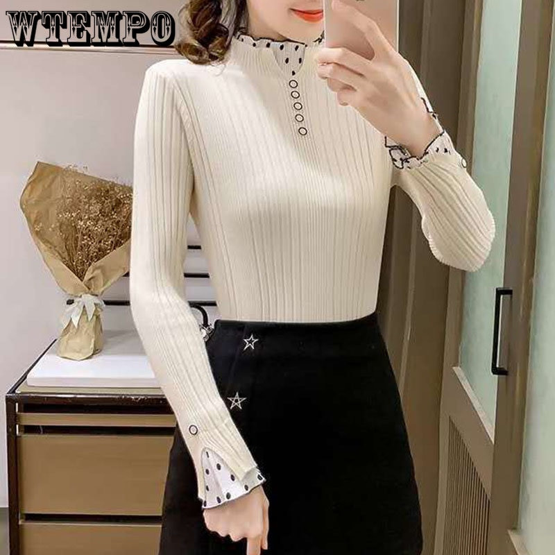 Πλεκτό πουλόβερ με μισό ψηλό γιακά Φθινοπωρινό πουκάμισο με χειμωνιάτικο πάτο με δαντέλα ραφές επάνω Μακρυμάνικο πλεκτό πουλόβερ για γυναίκες υψηλής ποιότητας