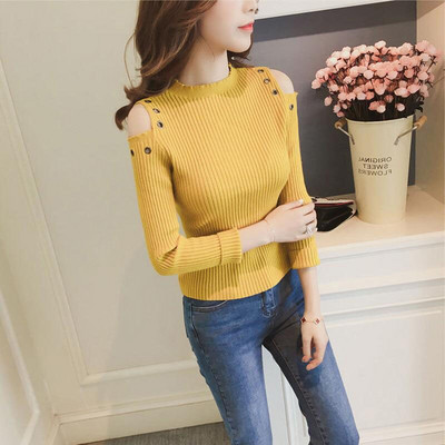 Jesenski ženski pulover Majica s otvorenim ramenima Studentska šuplja uska unutarnja odjeća Majica dugih rukava Seksi pletena majica