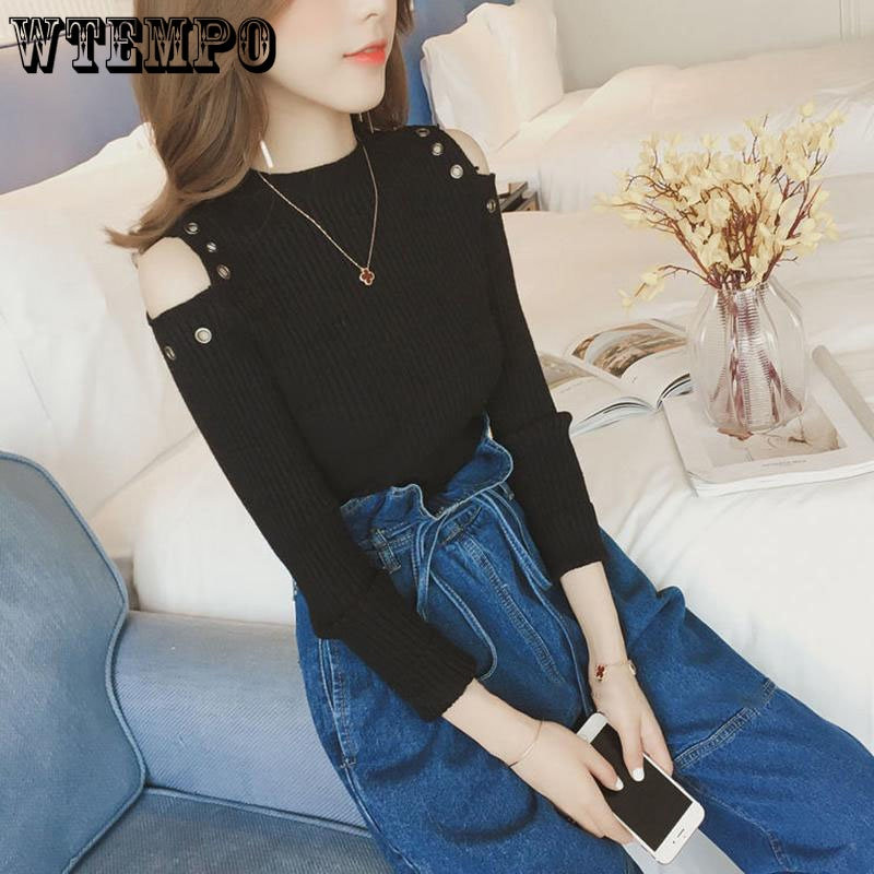 Jesenski ženski pulover Majica s otvorenim ramenima Studentska šuplja uska unutarnja odjeća Majica dugih rukava Seksi pletena majica