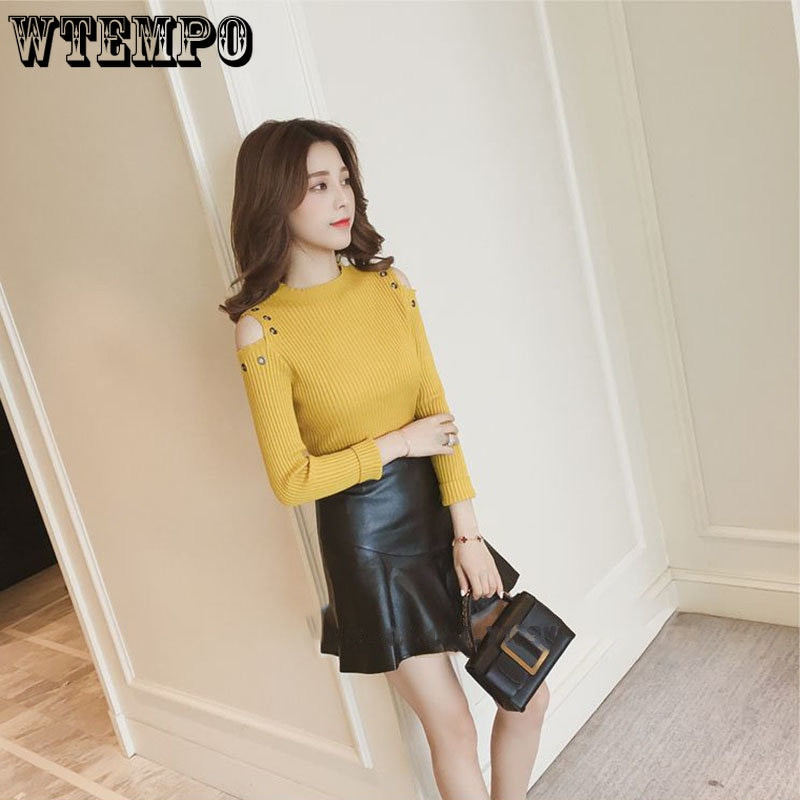 Jesenski ženski pulover Majica s otvorenim ramenima Studentska šuplja uska unutarnja odjeća Majica dugih rukava Seksi pletena majica