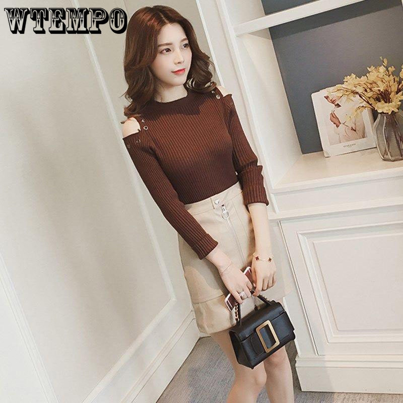 Jesenski ženski pulover Majica s otvorenim ramenima Studentska šuplja uska unutarnja odjeća Majica dugih rukava Seksi pletena majica