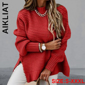 Aikliat Fashion trikotāžas sieviešu džemperi ar garām piedurknēm, lēti sieviešu džemperi 2022. gada seksīgie meiteņu džemperi ar O veida kakla izgriezumu Sieviešu brīvi džemperi