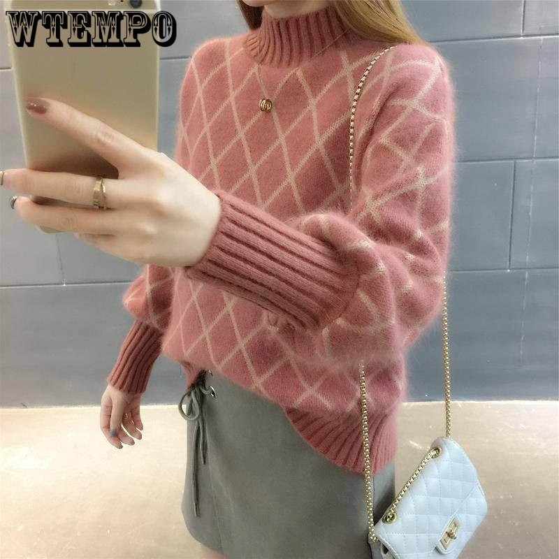 Ρομβικό πουλόβερ καρό πουλόβερ Φιλικό προς το δέρμα Κορεατική έκδοση Φαρδύ φοιτητικό πουλόβερ με μισό λαιμό Ευέλικτο κολεγιακό στυλ