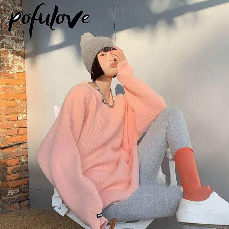 Γυναικείο πουλόβερ με λαιμόκοψη σε πάχυνση Ζεστό μονόχρωμο πλεκτό Μακριά κορεατική έκδοση Lazy Style Πουλόβερ παντός φθινοπώρου και χειμώνα