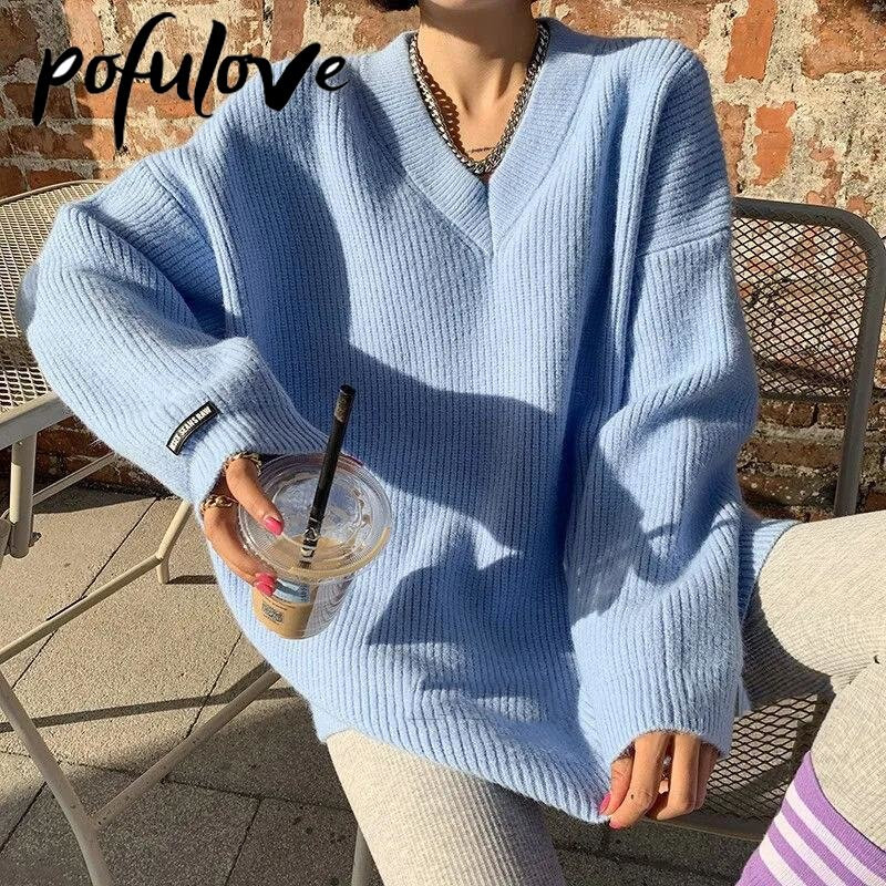 Γυναικείο πουλόβερ με λαιμόκοψη σε πάχυνση Ζεστό μονόχρωμο πλεκτό Μακριά κορεατική έκδοση Lazy Style Πουλόβερ παντός φθινοπώρου και χειμώνα