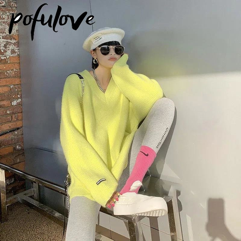 Γυναικείο πουλόβερ με λαιμόκοψη σε πάχυνση Ζεστό μονόχρωμο πλεκτό Μακριά κορεατική έκδοση Lazy Style Πουλόβερ παντός φθινοπώρου και χειμώνα