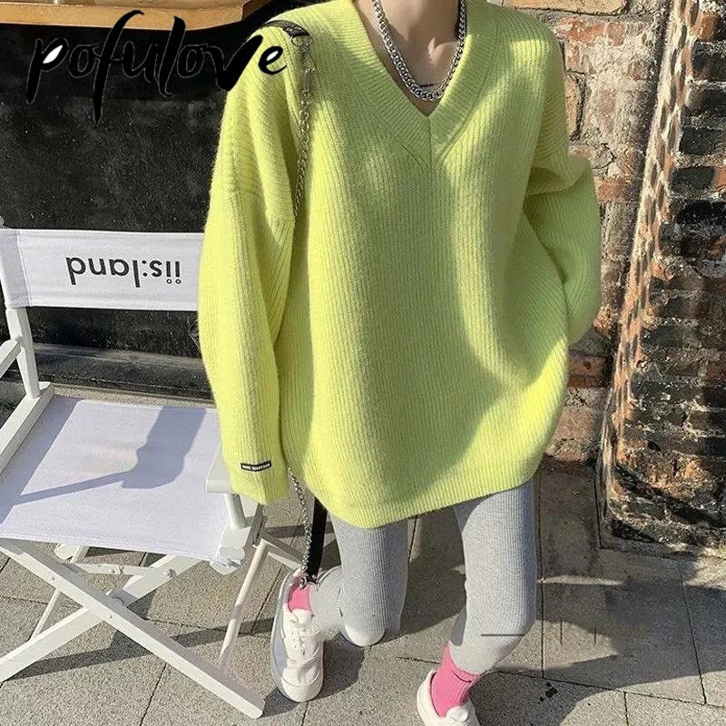 Γυναικείο πουλόβερ με λαιμόκοψη σε πάχυνση Ζεστό μονόχρωμο πλεκτό Μακριά κορεατική έκδοση Lazy Style Πουλόβερ παντός φθινοπώρου και χειμώνα