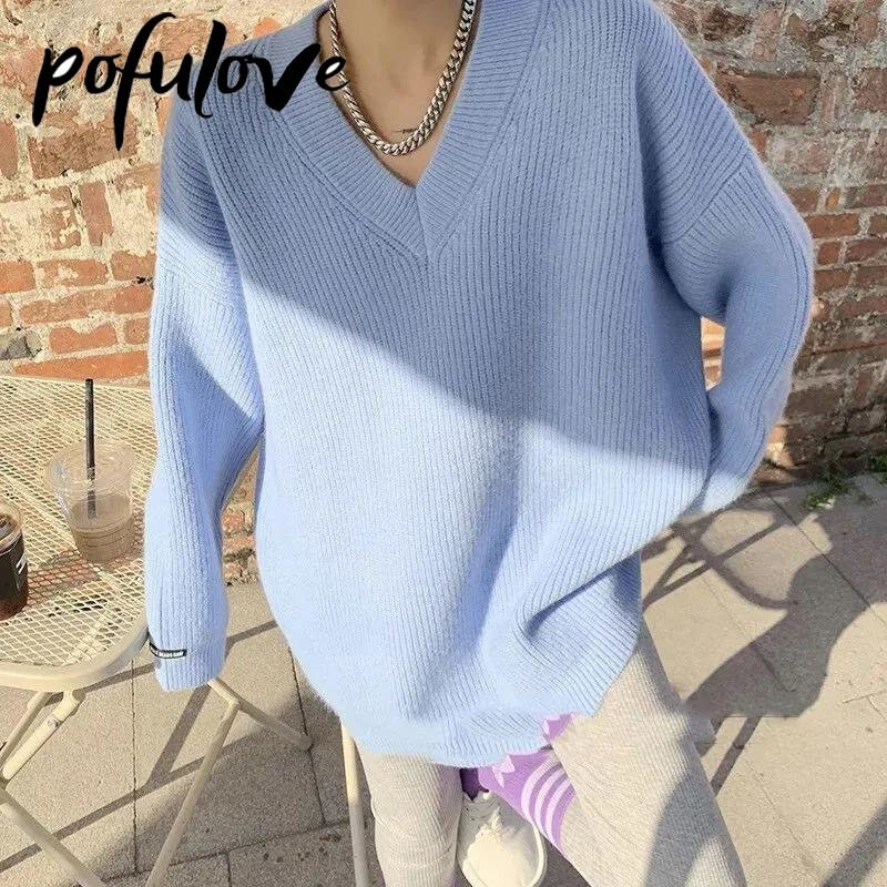 Γυναικείο πουλόβερ με λαιμόκοψη σε πάχυνση Ζεστό μονόχρωμο πλεκτό Μακριά κορεατική έκδοση Lazy Style Πουλόβερ παντός φθινοπώρου και χειμώνα