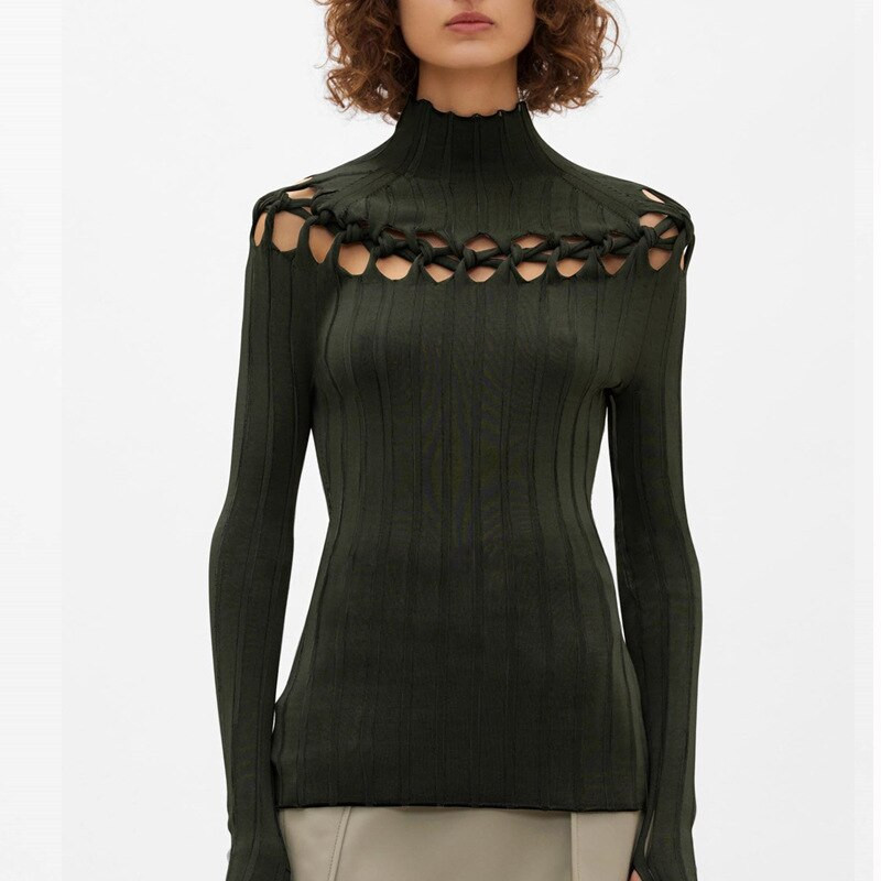 Dion Lee Jesen 2022. Sprijeda Straga Šuplji džemper na ramenima Pletena linija Pulover s dugim rukavima Polu dolčevita Slim Fit Pletivo