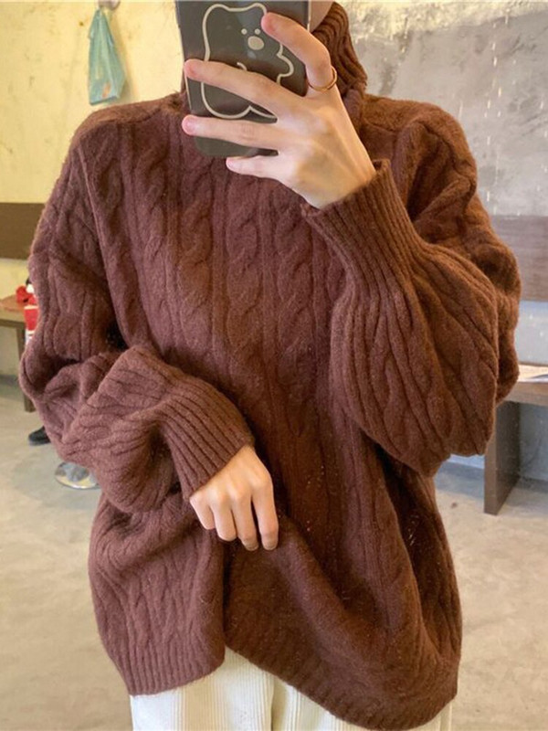 ZOKI biezs sieviešu džemperis ar bruņurupuču apkakli ziemas, savīti brīvs, silts sieviešu džemperis, vienkrāsains korejiešu studentu trikotāžas mēteļi